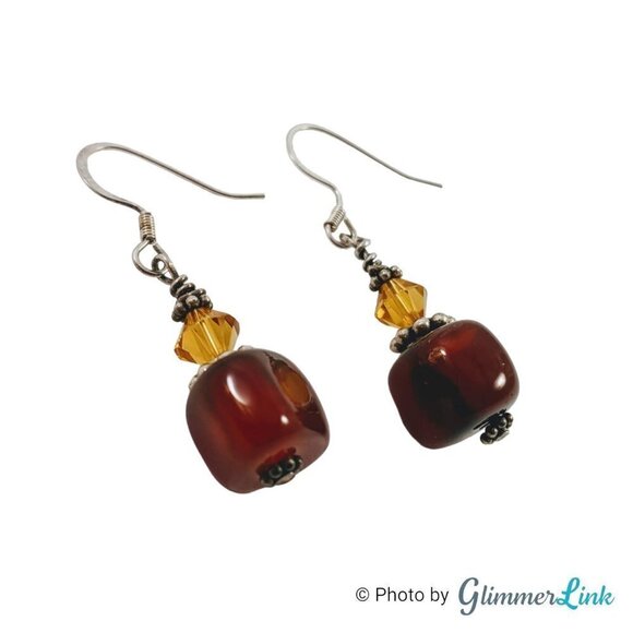 Boho Brownish Red & Yellow Silver Tone Drop Earrings - Picture 4 of 6